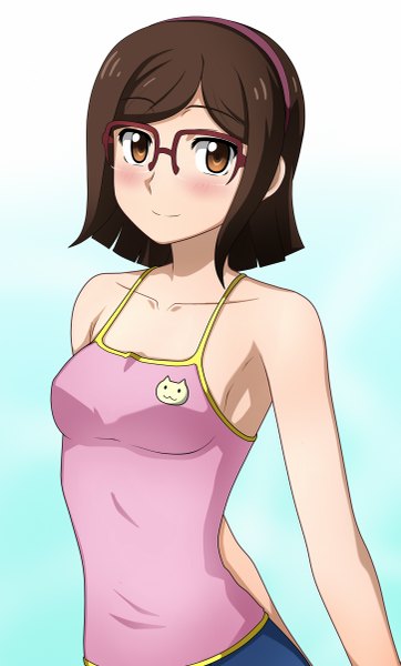 Anime picture 725x1200 with mobile suit gundam gundam build fighters sunrise (studio) kousaka china kenken single tall image looking at viewer short hair smile brown hair bare shoulders brown eyes girl glasses hairband