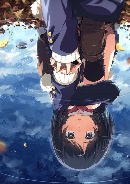 Anime picture 673x950 with original ogipote single tall image blush short hair blue eyes light erotic black hair looking away sky cloud (clouds) bent knee (knees) outdoors parted lips :o pantyshot outstretched arm sleeves past wrists reflection