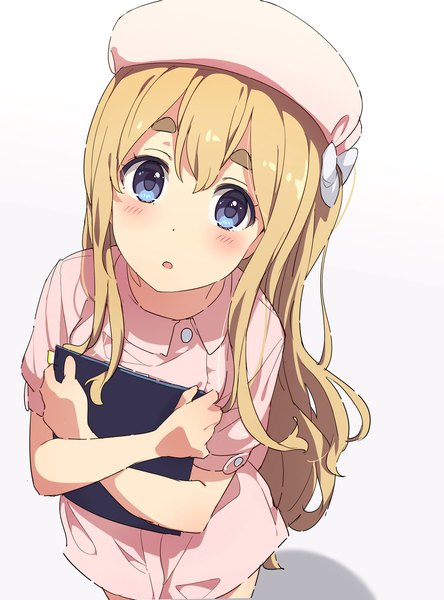 Anime picture 1109x1500 with k-on! kyoto animation kotobuki tsumugi ogipote single long hair tall image looking at viewer open mouth blue eyes simple background blonde hair white background from above :o nurse girl uniform nurse cap clipboard