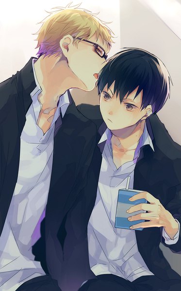 Anime picture 533x857 with haikyuu!! production i.g kageyama tobio tsukishima kei hanamori tall image short hair open mouth black hair blonde hair sitting profile black eyes multiple boys open collar shounen ai boy uniform school uniform glasses