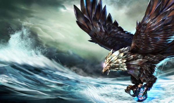 Anime picture 1215x717 with league of legends anivia (league of legends) single red eyes wide image sky cloud (clouds) animal water sea bird (birds) claws