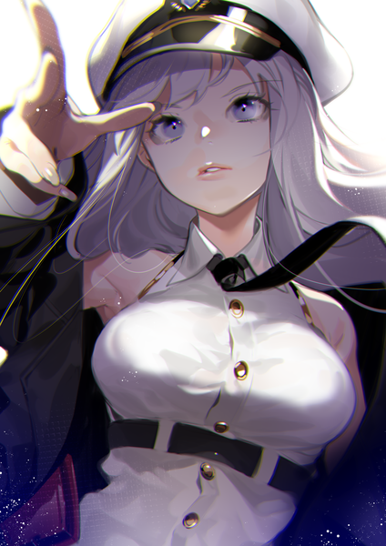 Anime picture 2856x4044 with azur lane enterprise (azur lane) ohisashiburi single long hair tall image looking at viewer fringe highres breasts simple background large breasts white background purple eyes silver hair upper body long sleeves parted lips arm up lips