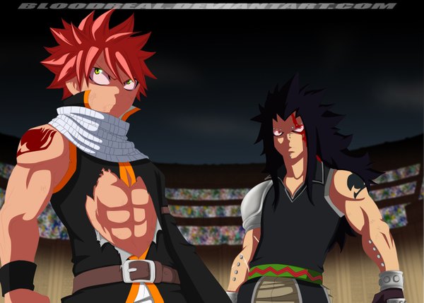 Anime picture 1590x1139 with fairy tail natsu dragneel gajeel redfox advance996 long hair short hair black hair red eyes green eyes pink hair cloud (clouds) tattoo night sky sleeveless piercing coloring torn clothes muscle boy gloves