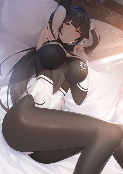 Anime picture 2894x4093 with azur lane takao (azur lane) takao (full throttle charmer) (azur lane) chichikoucha single long hair tall image looking at viewer blush fringe highres breasts light erotic black hair large breasts brown eyes ass ponytail lying blunt bangs
