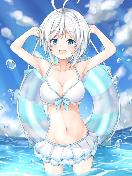 Anime picture 600x800 with virtual youtuber .live dennou shoujo siro jinsan totsu single tall image looking at viewer blush fringe short hair breasts open mouth blue eyes light erotic smile hair between eyes large breasts standing bare shoulders holding