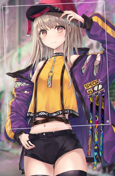 Anime picture 1045x1600 with original h2o (dfo) single long hair tall image looking at viewer blush fringe breasts red eyes standing bare shoulders outdoors blunt bangs arm up grey hair blurry off shoulder open jacket midriff