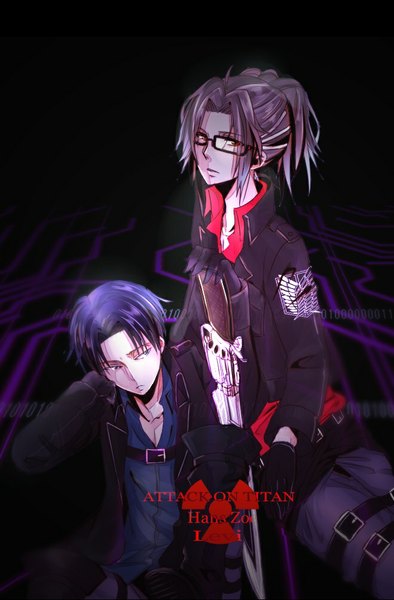 Anime picture 659x1002 with shingeki no kyojin production i.g levi (rivaille) hange zoe tall image looking at viewer short hair blue eyes red eyes brown hair blue hair looking away ponytail dark background girl boy gloves black gloves glasses