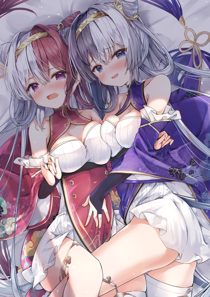 Anime picture 827x1169 with azur lane ying swei (azur lane) chao ho (azur lane) loli ta1582 long hair tall image looking at viewer blush fringe breasts open mouth blue eyes light erotic hair between eyes purple eyes bare shoulders multiple girls silver hair purple hair red hair