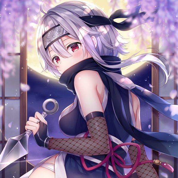 Anime picture 800x800 with original mitsuba choco single looking at viewer blush fringe short hair breasts light erotic hair between eyes red eyes bare shoulders holding payot silver hair ahoge traditional clothes from behind night official art
