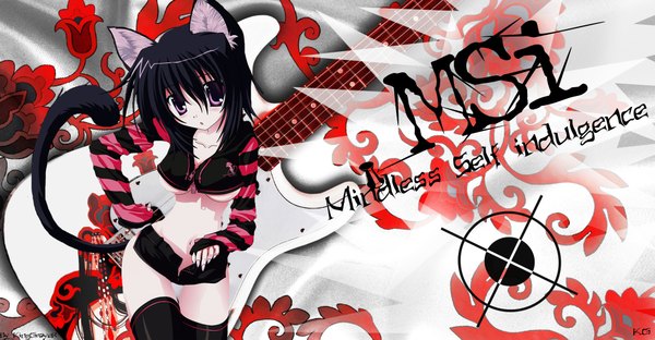 Anime picture 2000x1043 with k.g highres light erotic black hair wide image purple eyes animal ears tail cat girl girl thighhighs black thighhighs shorts musical instrument guitar