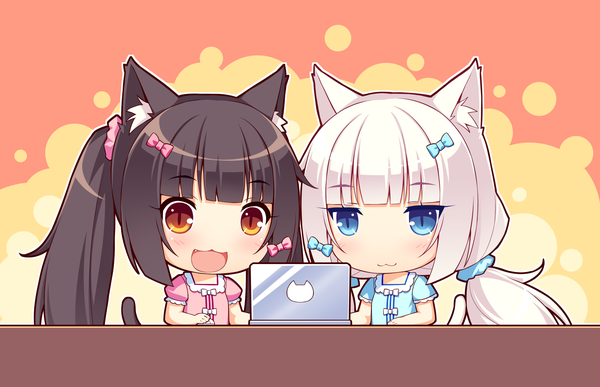 Anime picture 1580x1020 with neko paradise neko works (studio) vanilla (nekopara) chocola (nekopara) sayori long hair blush fringe open mouth blue eyes black hair smile twintails multiple girls brown eyes animal ears game cg white hair tail blunt bangs