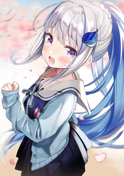 Anime picture 1302x1847 with virtual youtuber nijisanji lize helesta lize helesta (4th costume) kanda done single long hair tall image looking at viewer blush open mouth purple eyes blue hair silver hair outdoors ponytail multicolored hair blurry two-tone hair sweat