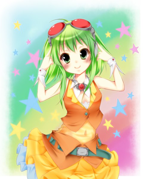 Anime picture 1200x1500 with vocaloid gumi umxzo single tall image blush short hair smile green eyes green hair girl navel star (symbol) sunglasses
