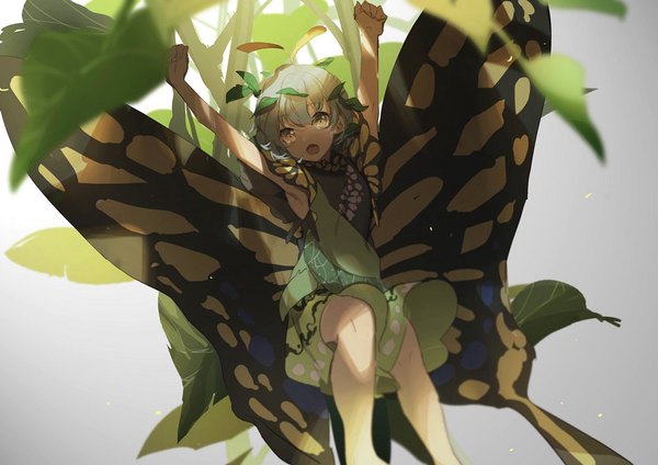 Anime picture 1000x708 with touhou eternity larva no-kan single fringe short hair open mouth simple background brown eyes grey hair grey background arms up armpit (armpits) insect wings butterfly wings antennae girl dress wings leaf (leaves)