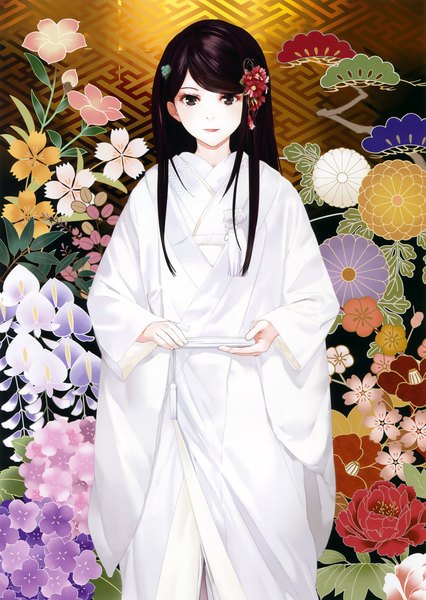 Anime picture 2343x3300 with original eshi 100-nin ten okazaki takeshi single long hair tall image looking at viewer highres black hair traditional clothes japanese clothes hair flower black eyes scan official art kikumon sayagata girl hair ornament flower (flowers)