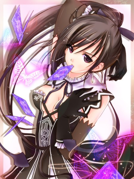 Anime picture 1200x1600 with shining (series) shining hearts maxima enfield yuuki sara (artist) single long hair tall image breasts light erotic black hair ponytail black eyes girl dress gloves elbow gloves card (cards)