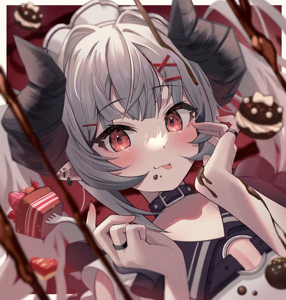 Anime picture 4804x5044 with original dodota single long hair tall image looking at viewer blush fringe highres red eyes twintails absurdres upper body horn (horns) pointy ears grey hair border outside border chocolate on face girl