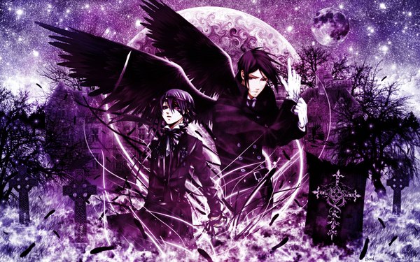 Anime picture 1920x1200 with kuroshitsuji a-1 pictures sebastian michaelis ciel phantomhive highres short hair black hair red eyes wide image purple eyes purple hair black wings gloves plant (plants) wings tree (trees) bowtie building (buildings) moon star (stars)