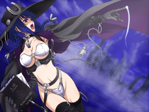Anime picture 1280x960 with cthulhu mythos iga tomoteru single breasts light erotic purple eyes blue hair braid (braids) twin braids underboob witch thighhighs gloves swimsuit hat bikini sword book (books) cape chain
