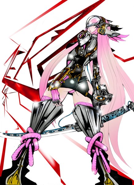 Anime picture 1275x1755 with vocaloid megurine luka gunsonicrevolver single long hair tall image light erotic green eyes pink hair ass looking back from behind mecha musume girl gloves weapon sword headphones fingerless gloves