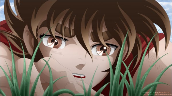 Anime picture 1200x675 with saint seiya toei animation pegasus seiya slipknot31 single short hair open mouth brown hair wide image brown eyes sky cloud (clouds) coloring close-up face boy plant (plants) grass