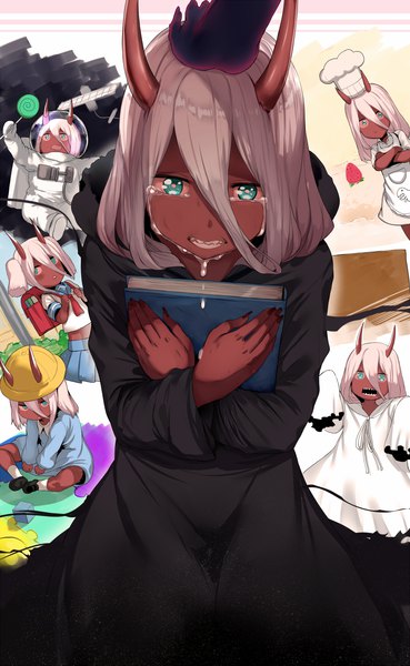 Anime picture 800x1300 with darling in the franxx studio trigger zero two (darling in the franxx) hews tall image fringe short hair hair between eyes silver hair horn (horns) aqua eyes alternate costume tears dark skin crossed arms crying oni horns multiple persona spoilers oni