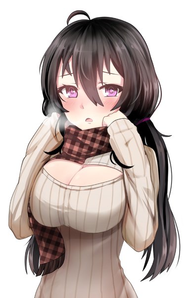Anime picture 545x859 with original miyaura sanshio beifeng han single long hair tall image looking at viewer blush fringe breasts open mouth light erotic black hair simple background hair between eyes large breasts standing white background purple eyes twintails