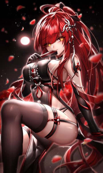 Anime picture 1080x1800 with elsword elesis (elsword) been single tall image looking at viewer blush fringe breasts light erotic large breasts sitting holding yellow eyes payot ahoge bent knee (knees) ponytail red hair very long hair