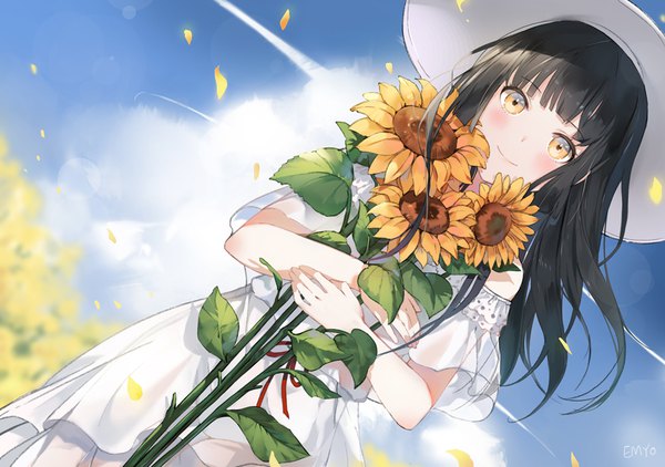 Anime picture 1064x750 with original emyo single long hair looking at viewer blush fringe black hair smile holding yellow eyes payot sky cloud (clouds) outdoors blunt bangs wind blurry off shoulder dutch angle