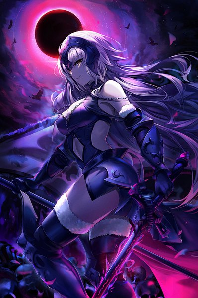 Anime picture 760x1142 with fate (series) fate/grand order jeanne d'arc (fate) (all) jeanne d'arc alter (fate) jeanne d'arc alter (avenger) (third ascension) (fate) narae single long hair tall image fringe breasts large breasts standing bare shoulders holding yellow eyes looking away silver hair outdoors profile