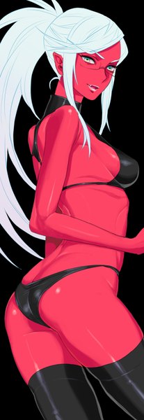 Anime picture 600x1738 with panty & stocking with garterbelt kneesocks (character) takase (harakiri) single long hair tall image looking at viewer open mouth light erotic simple background ass white hair ponytail pointy ears black background red skin girl thighhighs black thighhighs swimsuit