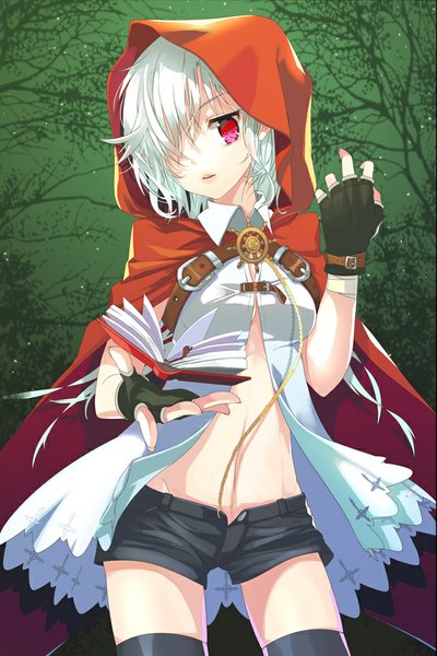 Anime picture 640x960 with sword girls b-na mintchoco (orange shabette) single long hair tall image fringe light erotic white hair parted lips pink eyes hair over one eye bare belly groin looking down green background open shorts girl thighhighs gloves