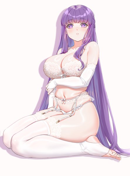 Anime picture 2598x3507 with sousou no frieren comic bavel fern (sousou no frieren) fangxiang cuoluan single tall image looking at viewer blush fringe highres breasts light erotic simple background large breasts sitting purple eyes purple hair full body very long hair parted lips