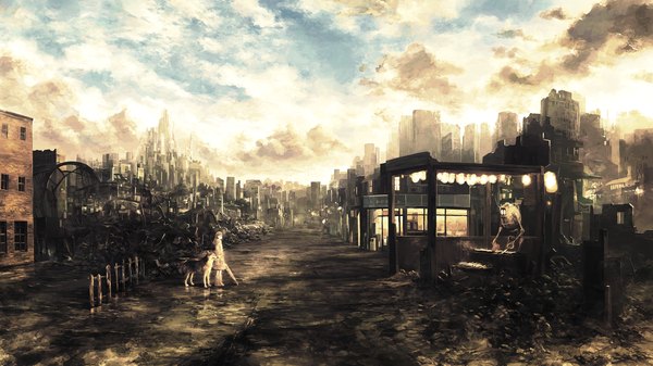 Anime picture 1920x1080 with original kusanagi koyori highres wide image cloud (clouds) city cityscape landscape ruins animal building (buildings) umbrella lantern dog robot husky slums