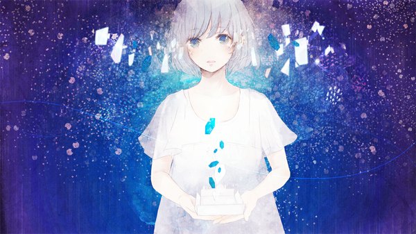 Anime picture 1024x576 with original penchop single looking at viewer fringe short hair wide image silver hair aqua eyes pale skin abstract girl