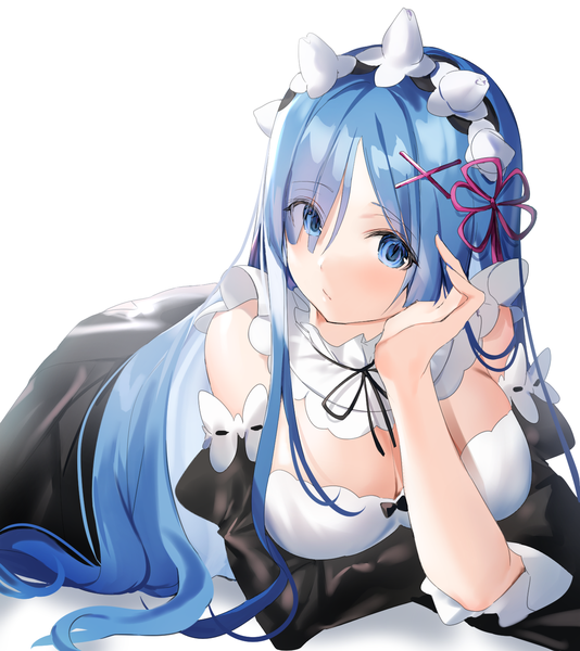 Anime picture 1290x1447 with re:zero kara hajimeru isekai seikatsu white fox rem (re:zero) yuuko (030 yuko) single long hair tall image looking at viewer blush fringe breasts blue eyes light erotic simple background large breasts white background bare shoulders blue hair cleavage lying