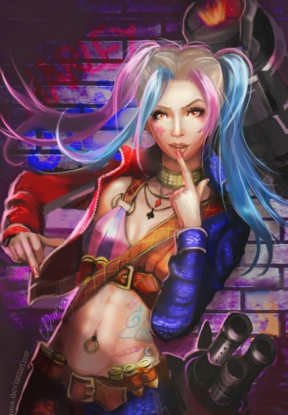 Anime picture 3030x4367 with batman league of legends dc comics jinx (league of legends) harley queen naninna single long hair tall image looking at viewer highres breasts twintails blue hair pink hair absurdres multicolored hair fingernails lips grey hair