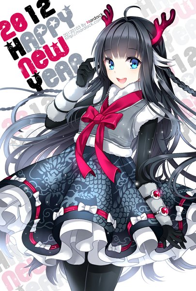 Anime picture 675x1000 with original nardack single long hair tall image looking at viewer open mouth blue eyes black hair braid (braids) horn (horns) inscription girl dress gloves bow elbow gloves
