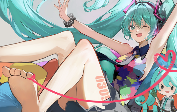 Anime picture 2318x1472 with vocaloid tell your world (vocaloid) hatsune miku yukihira makoto single fringe highres open mouth light erotic hair between eyes twintails very long hair one eye closed barefoot aqua eyes aqua hair bare legs legs sleeveless ;d