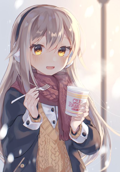 Anime picture 2100x3000 with original kurobikari single long hair tall image looking at viewer fringe highres open mouth blonde hair hair between eyes yellow eyes upper body :d steam girl scarf red scarf fork earmuffs