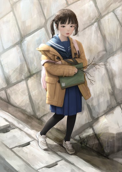 Anime picture 834x1181 with original mujiha (mlog) single tall image looking at viewer blush fringe short hair brown hair twintails holding brown eyes full body outdoors parted lips pleated skirt off shoulder open jacket shadow sleeves past wrists