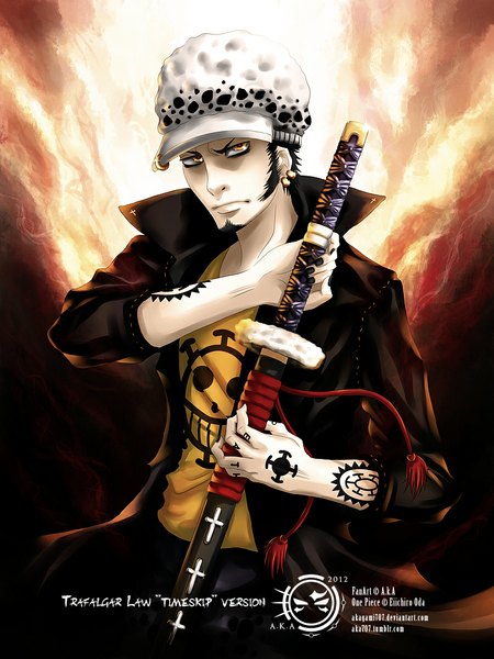 Anime picture 800x1067 with one piece toei animation trafalgar law akagami707 single tall image short hair black hair nail polish inscription orange eyes tattoo piercing coloring muscle boy weapon earrings sword katana