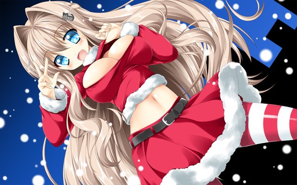 Anime picture 1920x1200 with original kamiya tomoe single long hair looking at viewer highres breasts open mouth blue eyes light erotic blonde hair large breasts dutch angle wallpaper fur trim snowing christmas girl thighhighs skirt