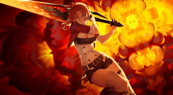 Anime picture 1600x881 with honkai impact 3rd benghuai xueyuan honkai (series) murata himeko cici single short hair breasts light erotic brown hair wide image brown eyes cleavage explosion girl thighhighs gloves weapon white thighhighs sword