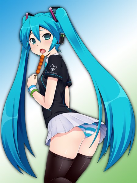 Anime picture 1200x1600 with vocaloid hatsune miku hard chrome single tall image open mouth blue eyes light erotic twintails blue hair very long hair looking back girl thighhighs underwear panties black thighhighs miniskirt headphones striped panties