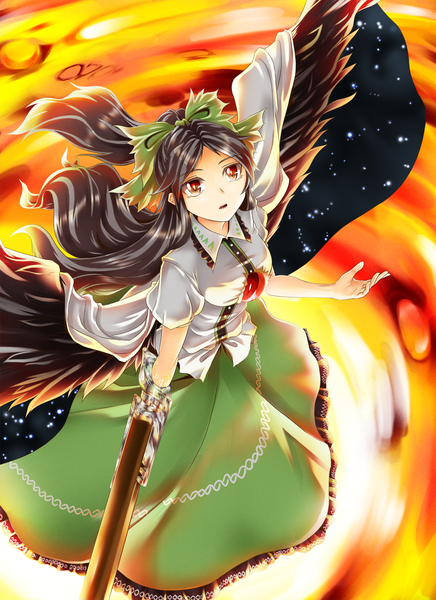 Anime picture 1200x1651 with touhou reiuji utsuho noise-111 single long hair tall image open mouth black hair red eyes space arm cannon girl dress bow weapon hair bow wings cape fire
