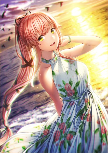 Anime picture 636x900 with kantai collection yura light cruiser unowen single long hair tall image looking at viewer blush fringe breasts open mouth smile standing bare shoulders yellow eyes pink hair sky cloud (clouds) outdoors ponytail