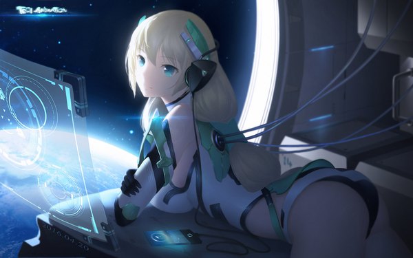 Anime picture 1920x1200 with expelled from paradise toei animation angela balzac yijian ma single long hair fringe highres breasts light erotic blonde hair hair between eyes large breasts payot looking away ass indoors lying aqua eyes light smile