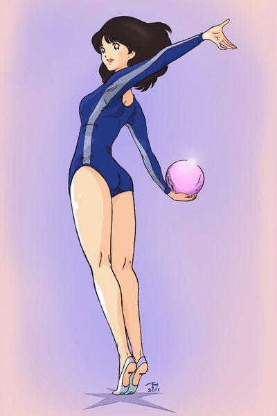 Anime picture 1200x1800 with touch minami asakura kujira gunsou single tall image short hair open mouth simple background brown hair signed from behind black eyes purple background oldschool 80s girl leotard ball