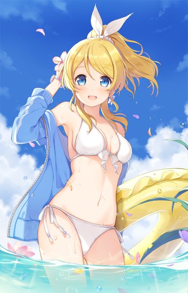 Anime picture 630x982 with love live! school idol project sunrise (studio) love live! ayase eli 6u (eternal land) single long hair tall image looking at viewer blush breasts open mouth blue eyes light erotic blonde hair sky cloud (clouds) outdoors ponytail hair flower